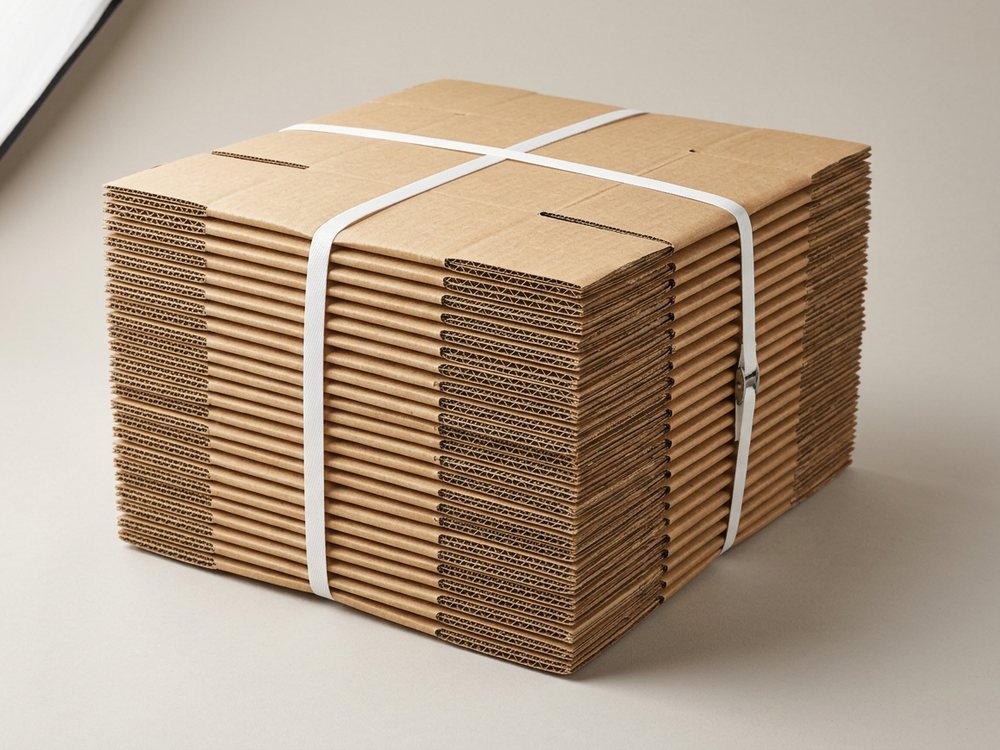 A bundle of about twenty-five flat-folded kraft carton blanks held by two strapping bands.
