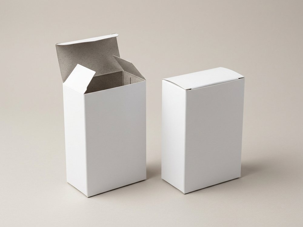 Two plain white-top duplex board cartons, one open to show the grey inner board.