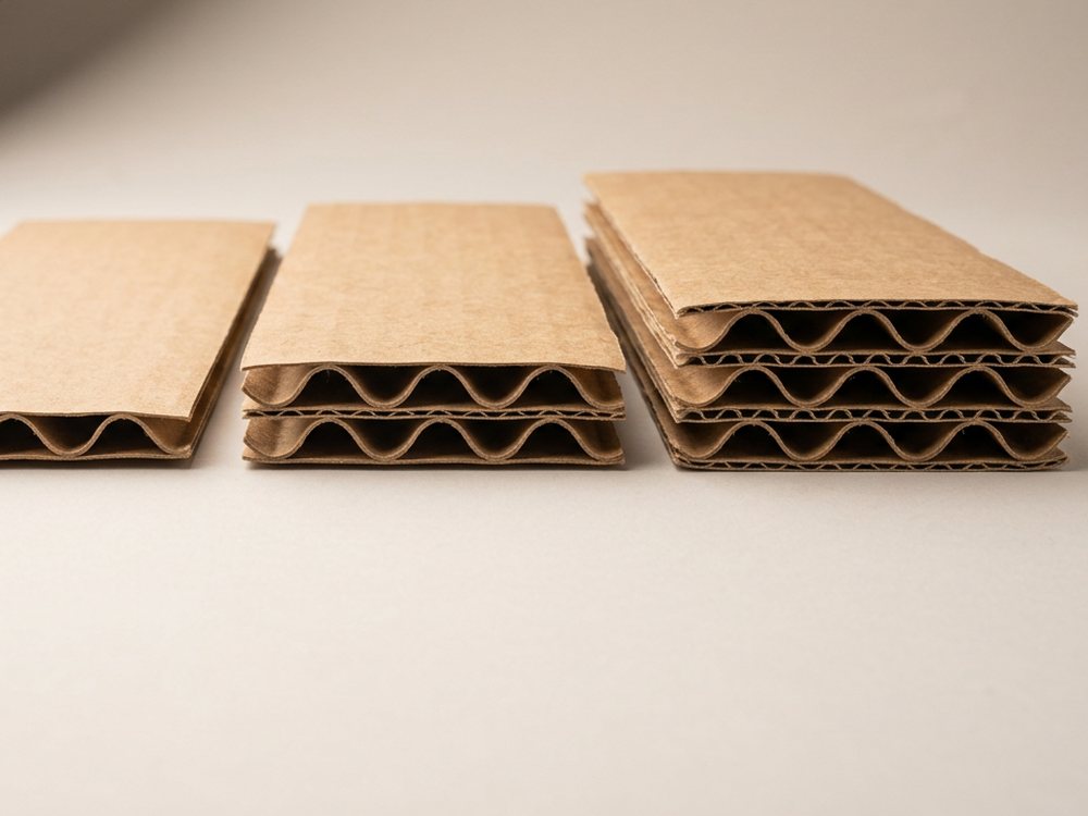 Three cut edges of corrugated board side by side showing one, two and three flute layers.
