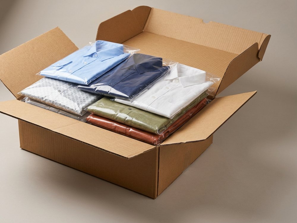An open kraft carton packed with folded garments in clear poly bags.