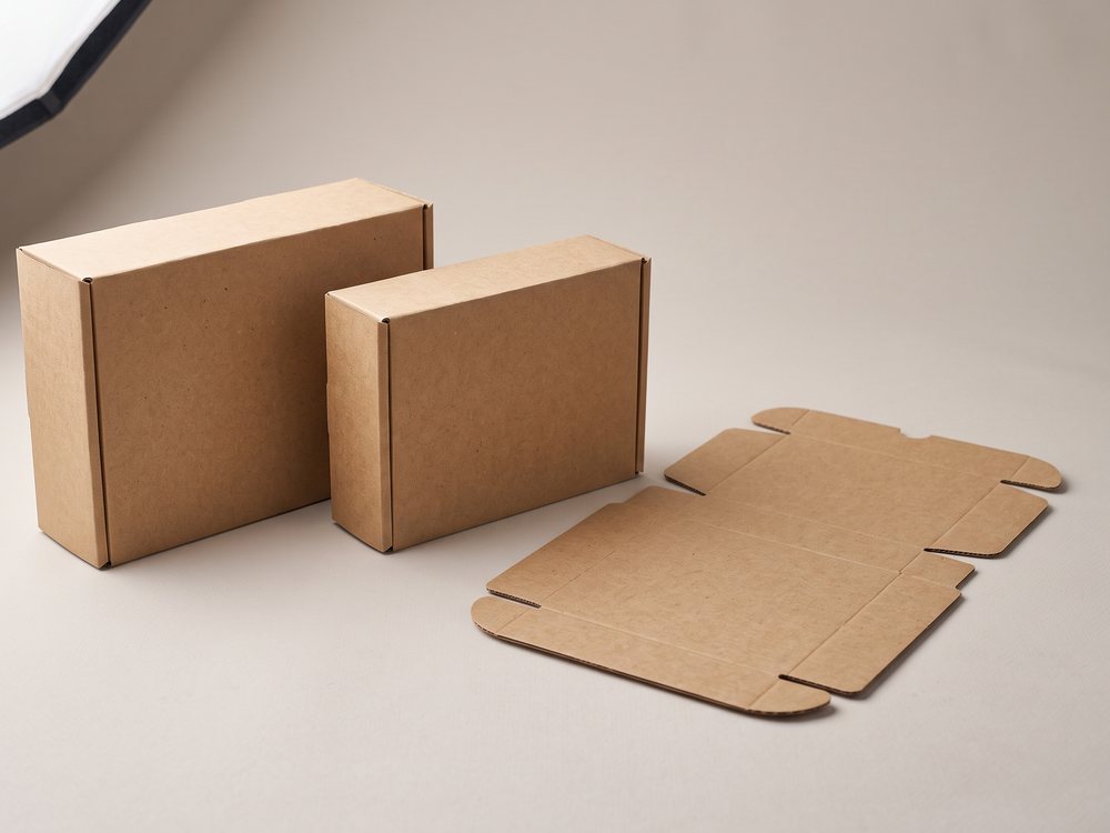 Two assembled kraft tuck-in e-commerce mailers beside a flat die-cut mailer blank showing its scored fold lines.