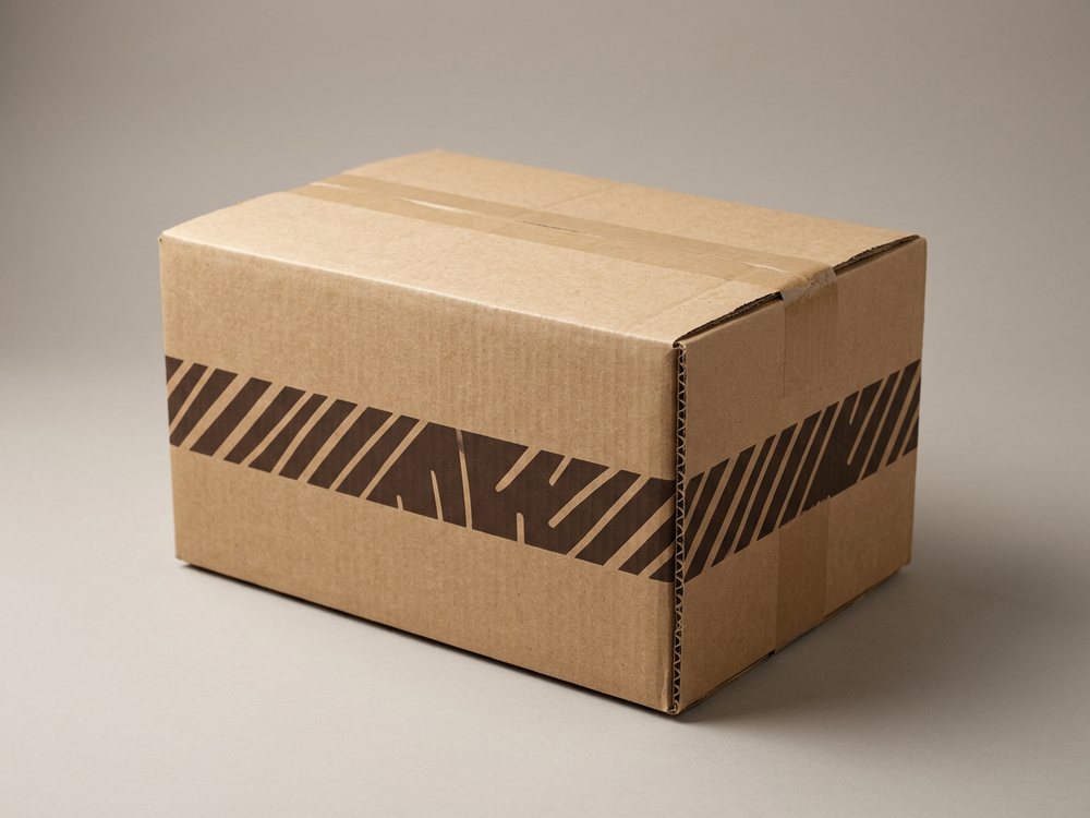 A kraft corrugated carton flexo-printed with a single dark band across the front face.
