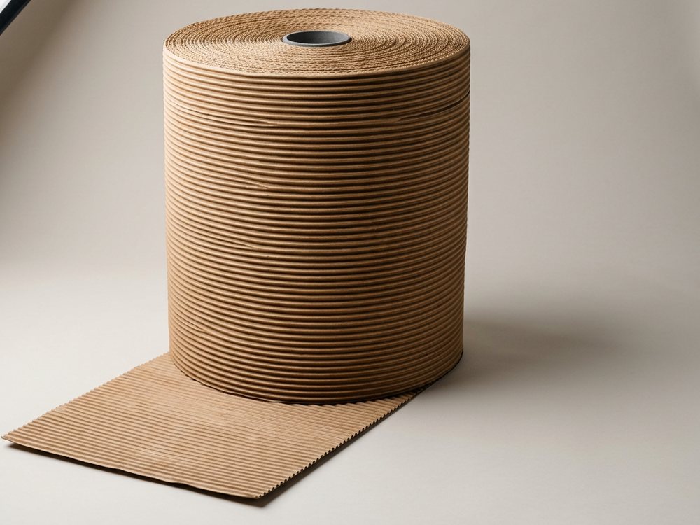 A large roll of two-ply brown corrugated wrapping paper, partly unrolled to show the fluting.