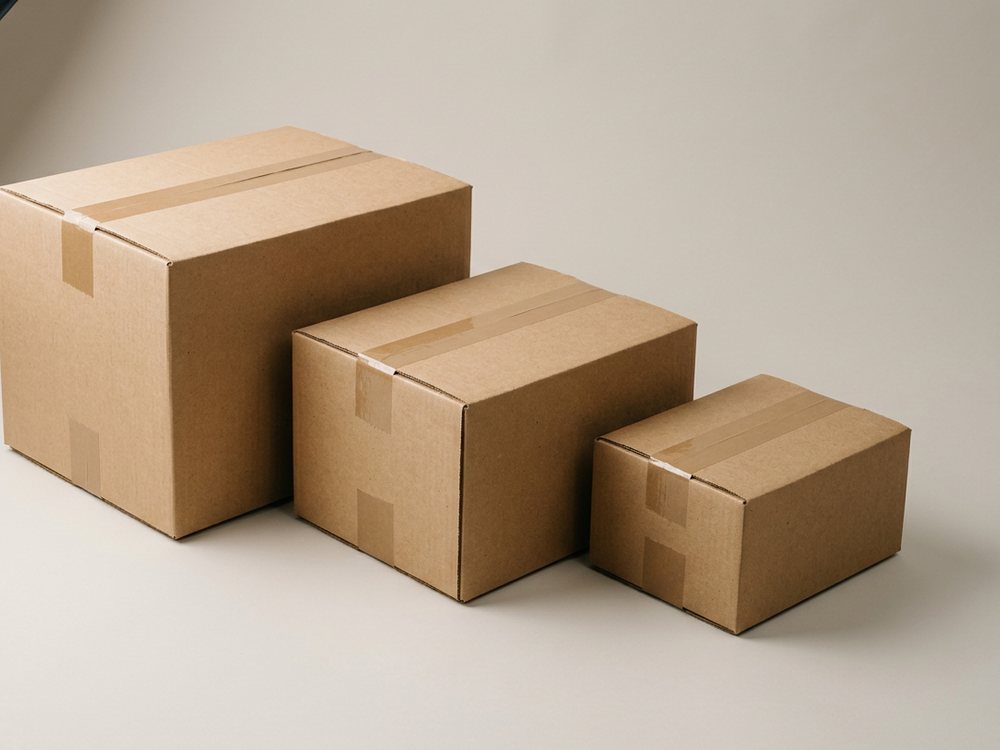 Three plain kraft regular slotted cartons in three sizes, taped and ready to despatch.