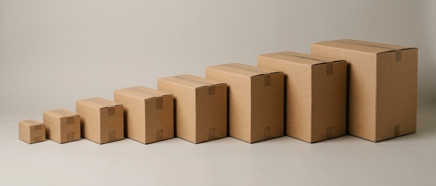 Eight plain kraft cartons lined up side by side in ascending order of size, smallest to largest.