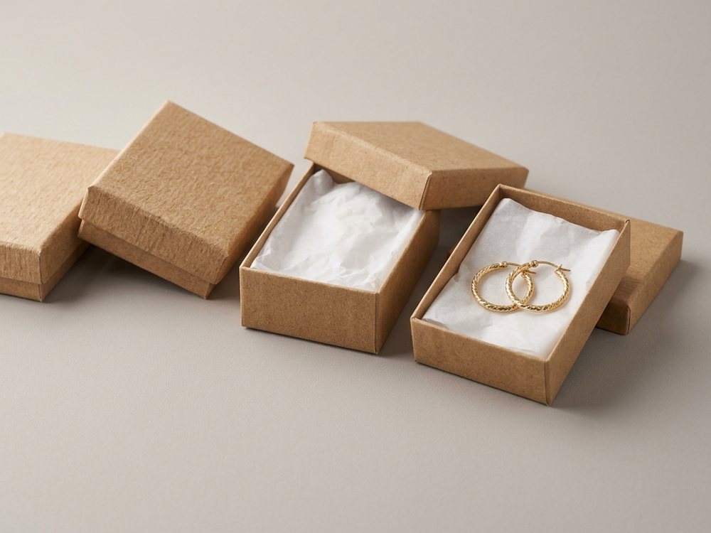 Small kraft boxes with white tissue inside, one holding a pair of gold hoops.